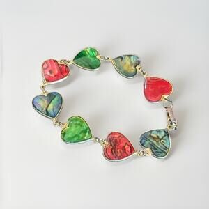 Dyed Abalone Inlay Heart Bracelet Anklet Silver Tone Link 7" Red Green